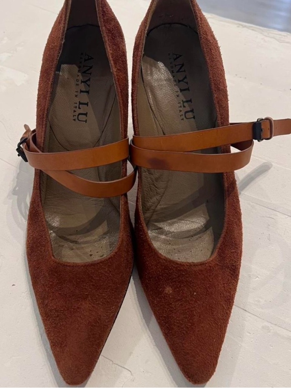 Anyi Lu Brown Suede Pointed Mary Jane Heels with Tan Leather Straps